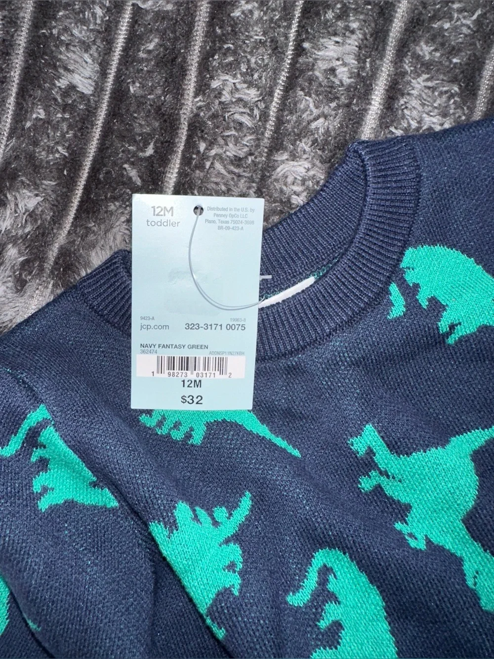 Okie Dokie baby boy Navy Sweater with Teal Dinosaur Pattern